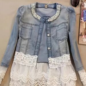B8858–(SHIPPED) Women's Denim Jacket with Lace and Pearl Trim